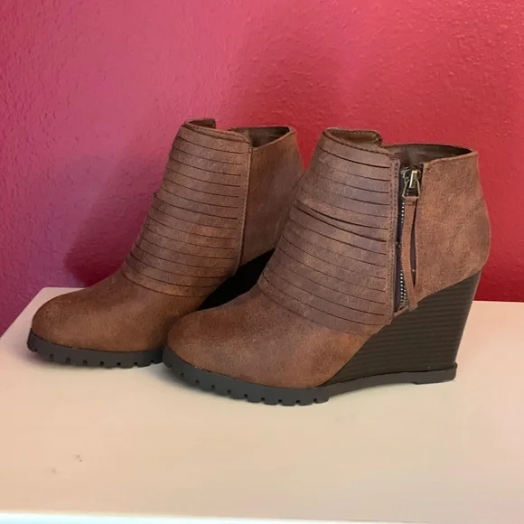 Brown wedge booties